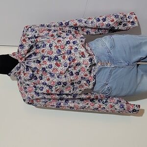 Vintage 80's Floral Secretary Button Down Scarf Bow Blouse Size 8